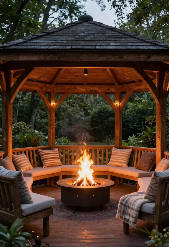 14 Backyard Gazebo Ideas for a Dreamy Relaxing Retreat - 6. Built-In Fire Pit Gazebo 1