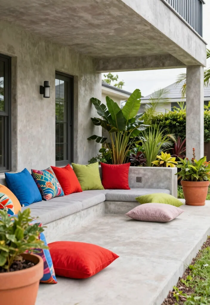 14 Concrete Porch Ideas That Feel Clean & Contemporary - 12. Color Accents in Decor 1