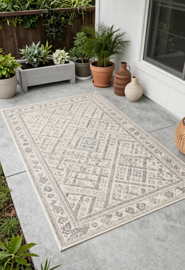 14 Concrete Porch Ideas That Feel Clean & Contemporary - 8. Creating Zones with Rugs 1