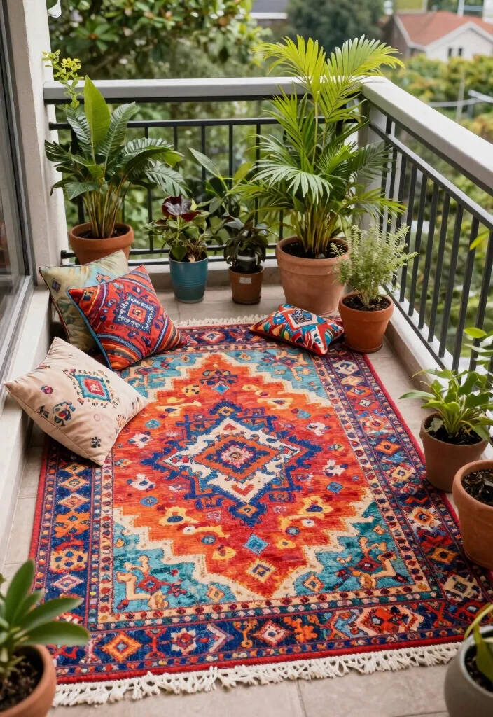 14 Simple Balcony Ideas That Look Effortlessly Stylish 27 14 Simple Balcony Ideas That Look Effortlessly Stylish - 7. Cozy Outdoor Rug 1