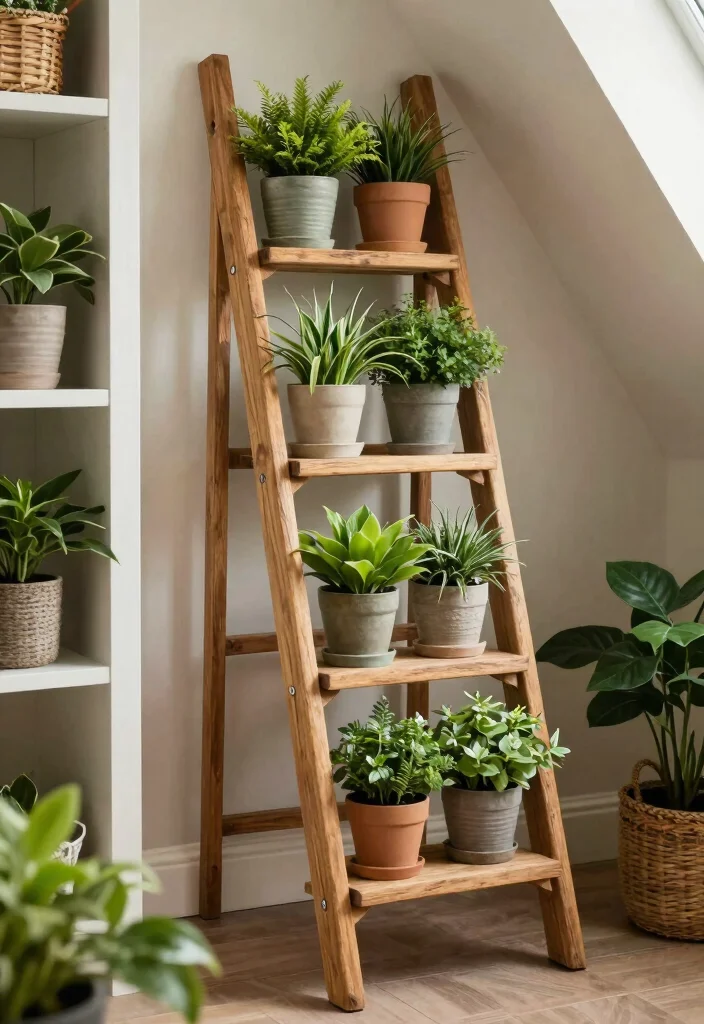 14 Slanted Closet Ideas for Sloped Ceiling Spaces That Actually Work - 10. Ladder Plant Stand 1
