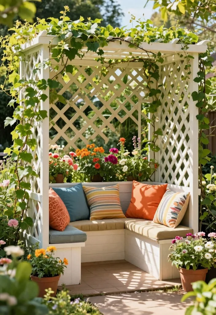 14 Trellis Fence Ideas That Add Charm & Privacy 51 14 Trellis Fence Ideas That Add Charm & Privacy - 11. Trellis with Built-in Seating 1