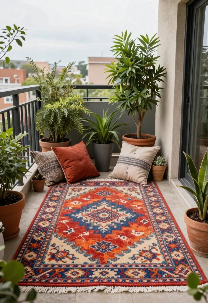 15 Concrete Balcony Ideas That Look Modern & Luxe - 11. Outdoor Rugs for Comfort 1