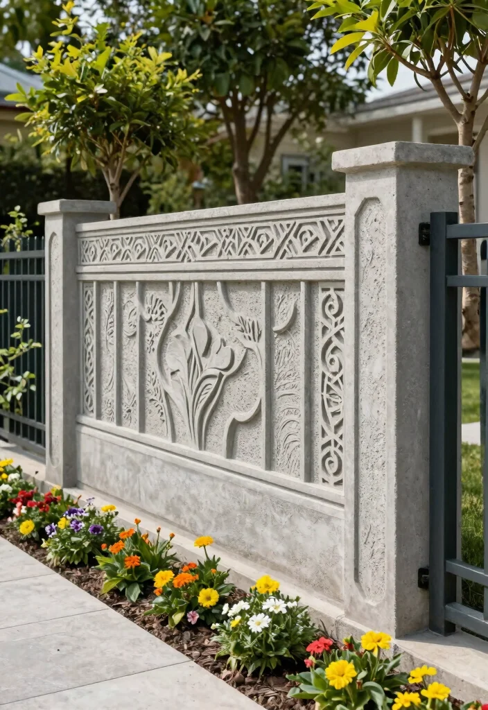 15 Front Fence Ideas That Instantly Upgrade Your Home's Exterior - 11. Concrete Fencing with Artistic Touches 1