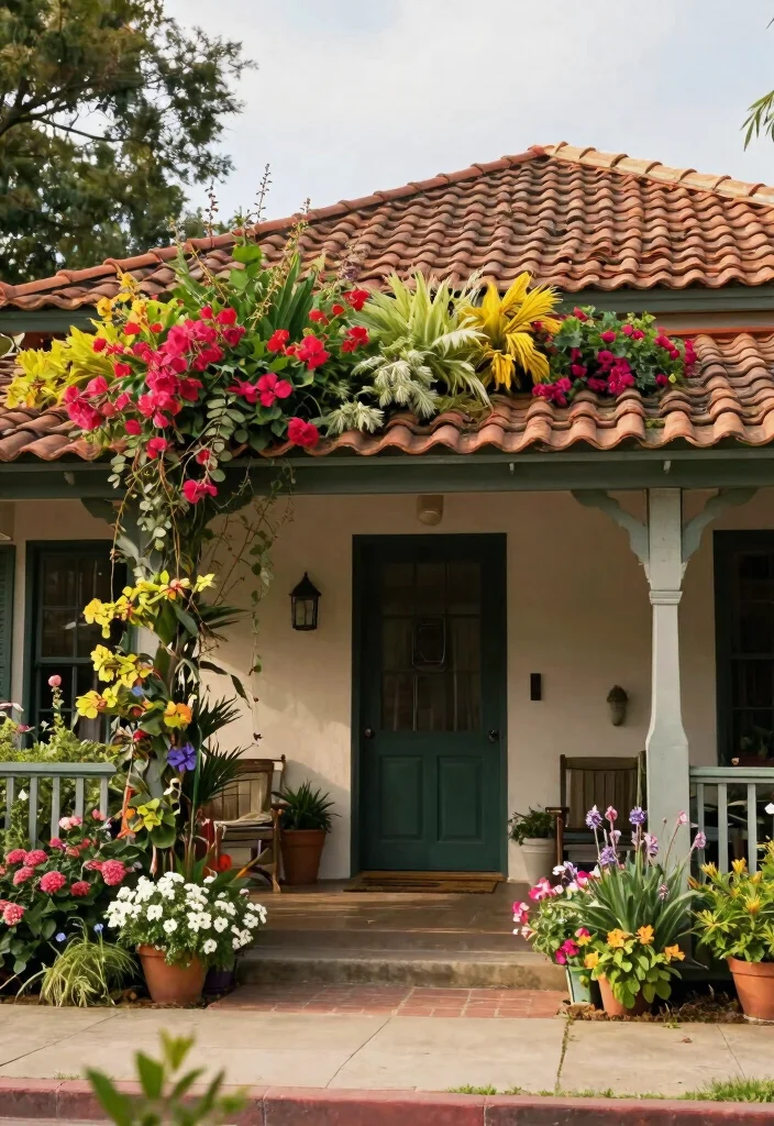15 Front Porch Roof Ideas That Boost Curb Appeal Fast - 7. Tiled Roof with Native Plants 1