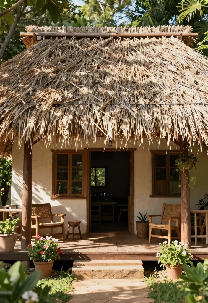 15 Front Porch Roof Ideas That Boost Curb Appeal Fast - 9. Natural Thatch Roof 1