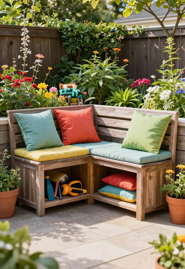15 L Shaped Backyard Layout Ideas That Maximize Every Corner - 10. Built-In Garden Benches with Storage 1
