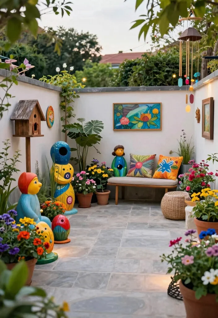 15 L Shaped Backyard Layout Ideas That Maximize Every Corner - 11. Outdoor Art and Decor to Personalize Your Space 1