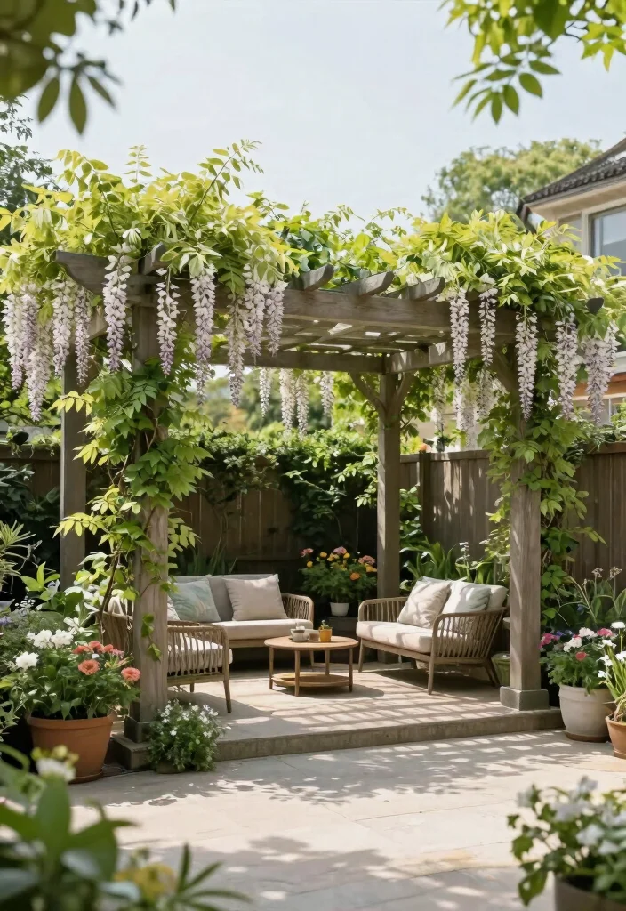 15 L Shaped Backyard Layout Ideas That Maximize Every Corner - 9. Shade Structures with Climbing Plants 1