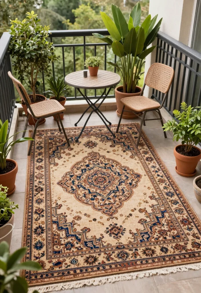 15 Living Room Balcony Ideas That Blend Indoor & Outdoor Beauty - 9. Outdoor Rugs for Comfort 1