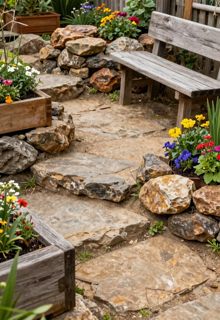 15 Rock Flower Beds With Potted Plants Garden Ideas for a Stunning Yard - 13. Textured Landscapes: Rock and Wood Mix 1