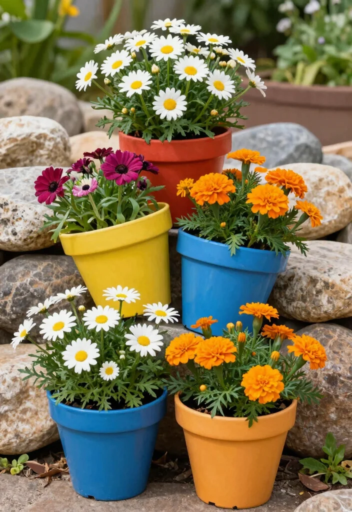 15 Rock Flower Beds With Potted Plants Garden Ideas for a Stunning Yard - 14. Bright and Cheery Vertical Stacks 1