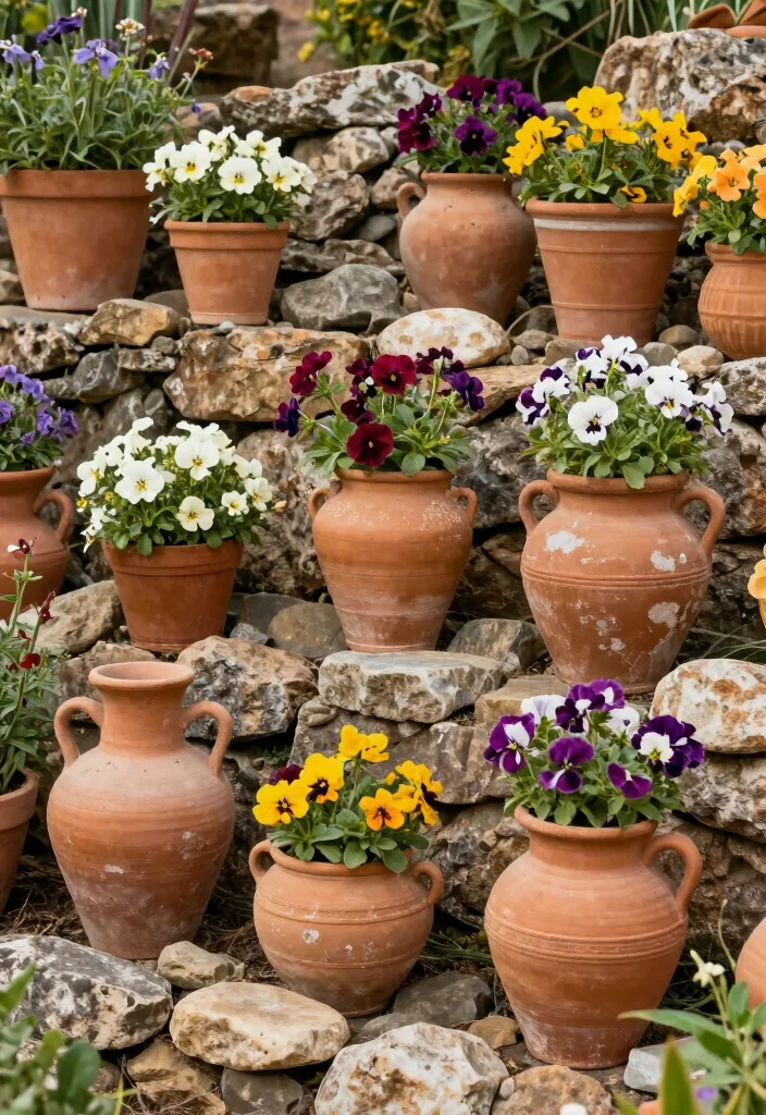 15 Rock Flower Beds With Potted Plants Garden Ideas for a Stunning Yard - 2. Rustic Charm: Vintage Pottery 1