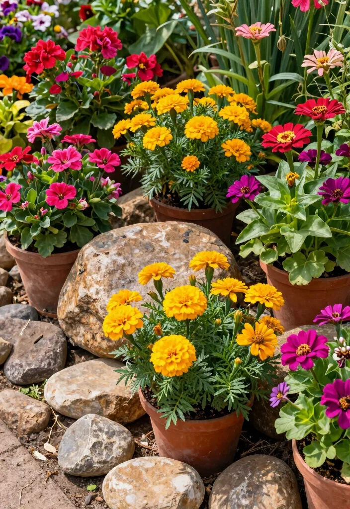 15 Rock Flower Beds With Potted Plants Garden Ideas for a Stunning Yard - 4. Color Pop: Bright Annuals 1