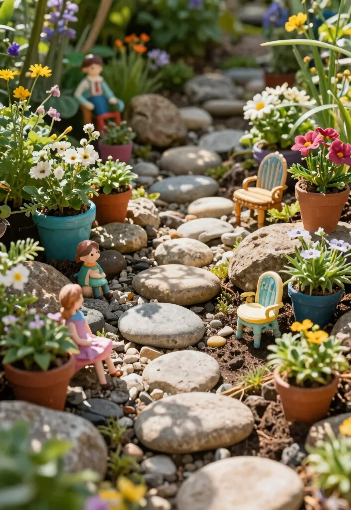 15 Rock Flower Beds With Potted Plants Garden Ideas for a Stunning Yard - 6. Whimsical Fairy Garden 1