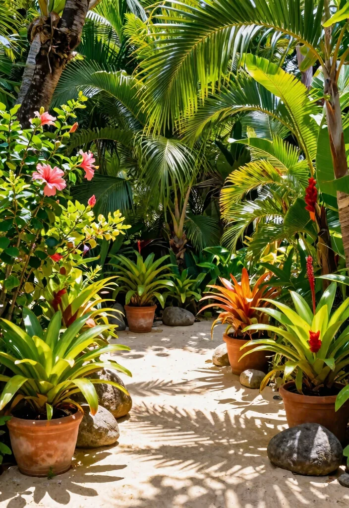 15 Rock Flower Beds With Potted Plants Garden Ideas for a Stunning Yard - 7. Tropical Escape: Lush Foliage 1