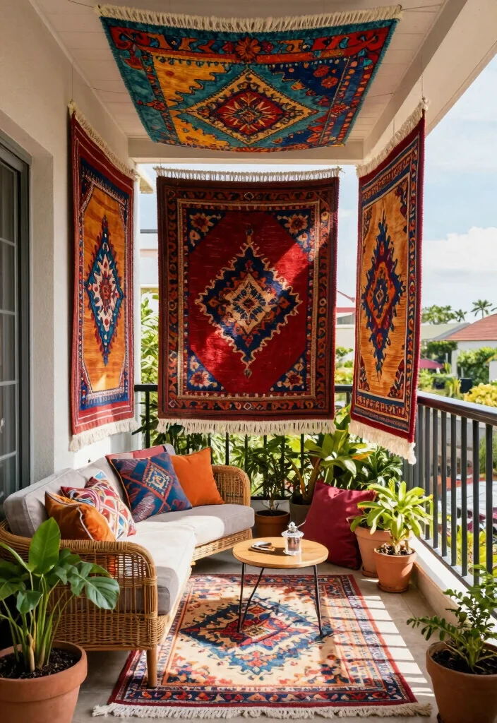 16 Balcony Ceiling Ideas That Upgrade Your Outdoor Vibes - 10. Outdoor Rugs on the Ceiling 1