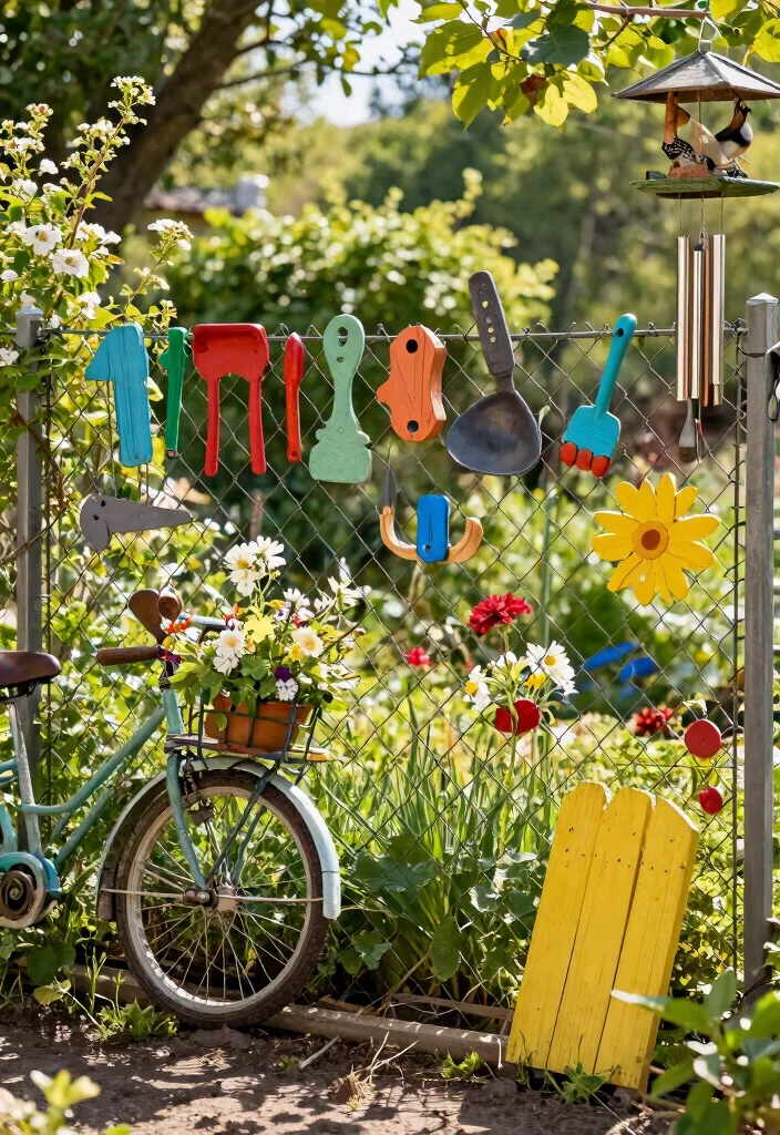 16 Chainlink Fence Ideas That Look Surprisingly Stylish - 6. Upcycled Garden Art 1