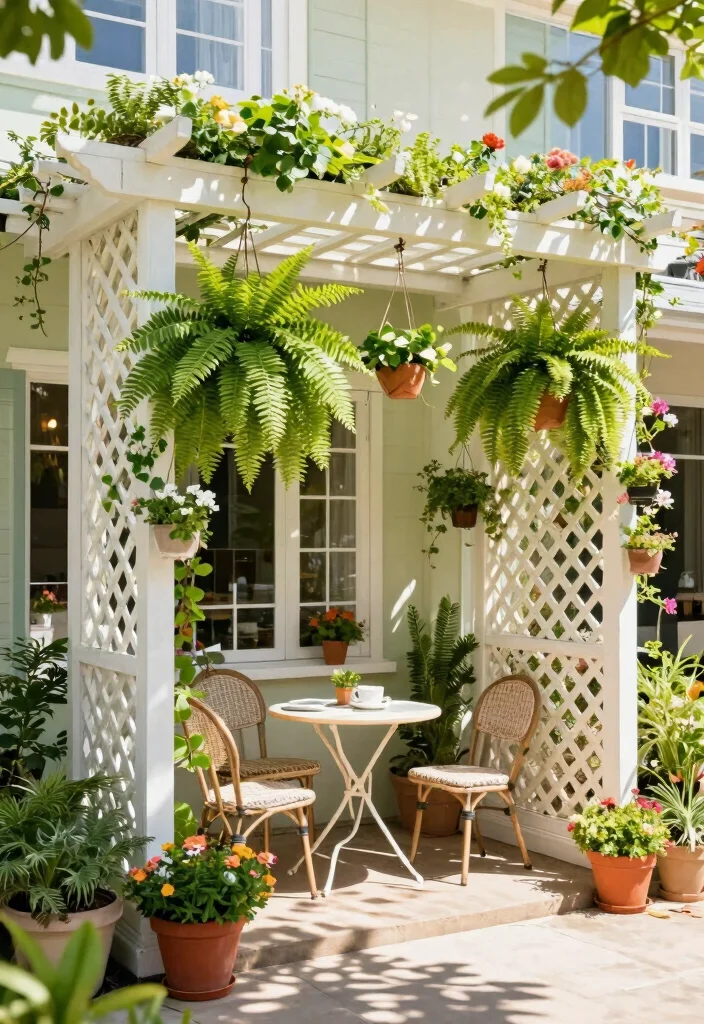 16 Patio Pergola Ideas Attached to House for Stylish Shade - 4. Lattice Pergola with Hanging Plants 1