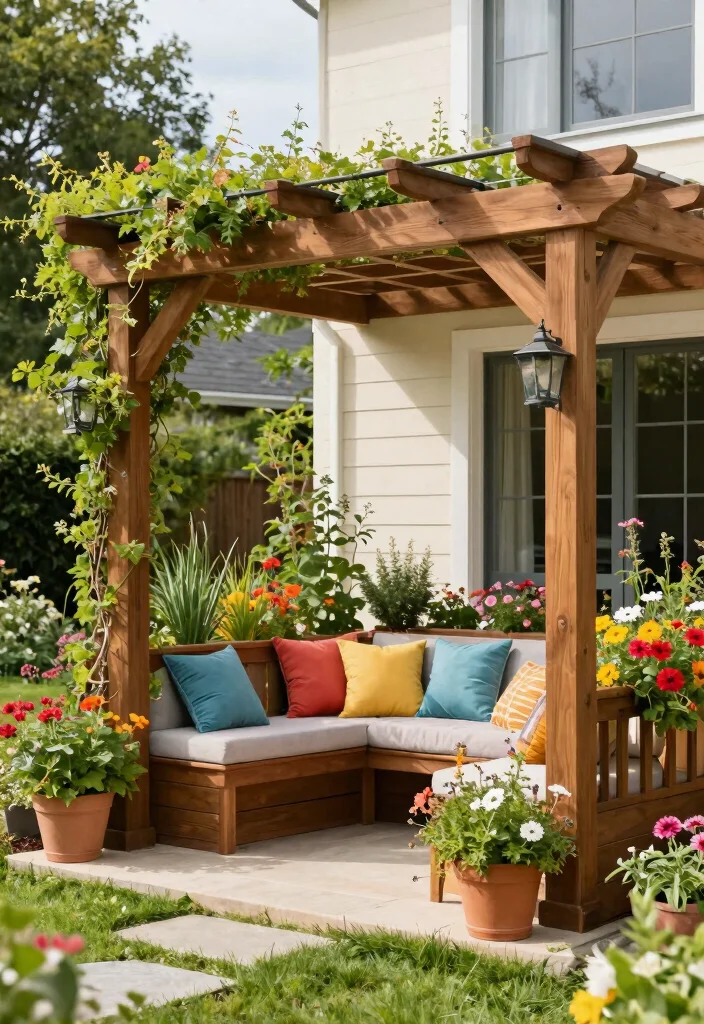 16 Patio Pergola Ideas Attached to House for Stylish Shade - 5. Pergola with Built-In Planters 1