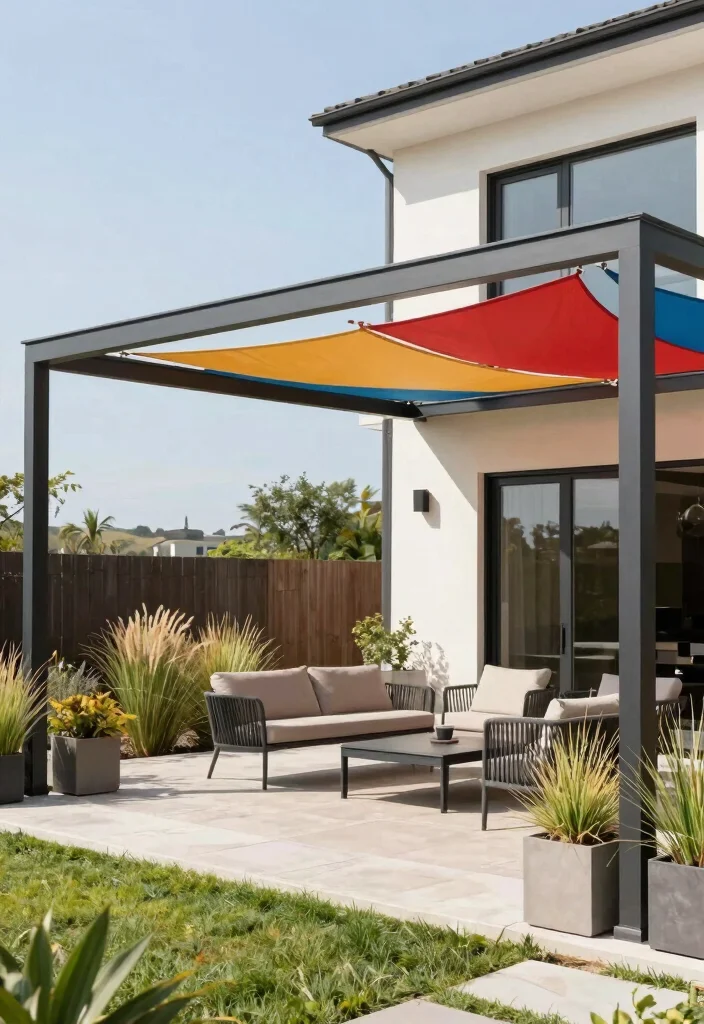 16 Patio Pergola Ideas Attached to House for Stylish Shade - 7. Shade Sail Pergola 1