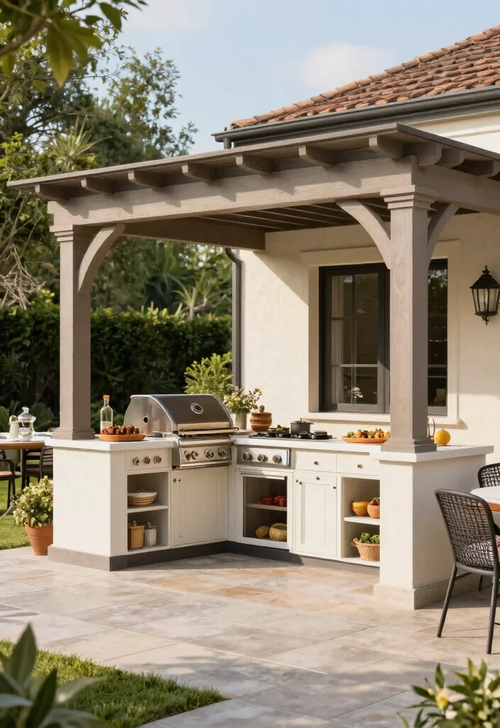 16 Patio Pergola Ideas Attached to House for Stylish Shade - 8. Pergola with Outdoor Kitchen 1