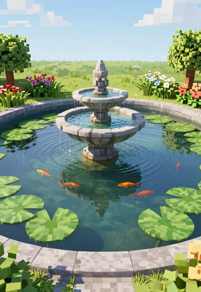 16 Water Fountain Minecraft Ideas That Look Totally Epic - 5. Garden Pond Fountain 1