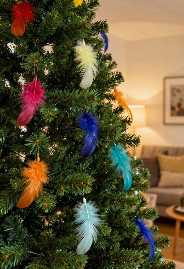 18 Farmhouse Christmas Tree Ideas That Feel Cozy & Magical 65 18 Farmhouse Christmas Tree Ideas That Feel Cozy & Magical - 15. Colorful Feathers as Unique Accents 1
