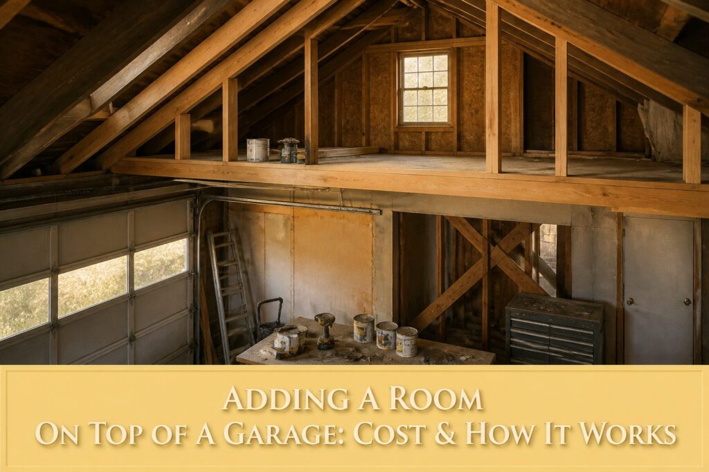 A new room is built above a garage, matching the house's roofline.