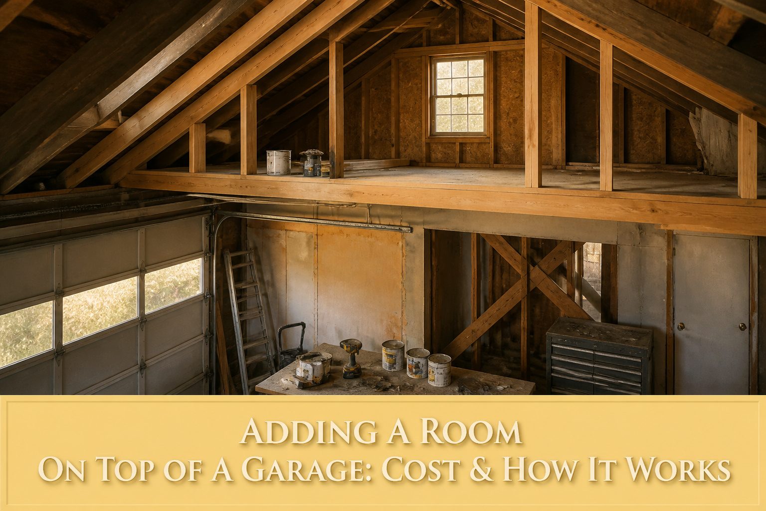 A new room is built above a garage, matching the house's roofline.