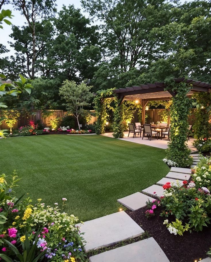 A landscaped backyard with a green lawn, stone path, pergola, and various trees and shrubs.