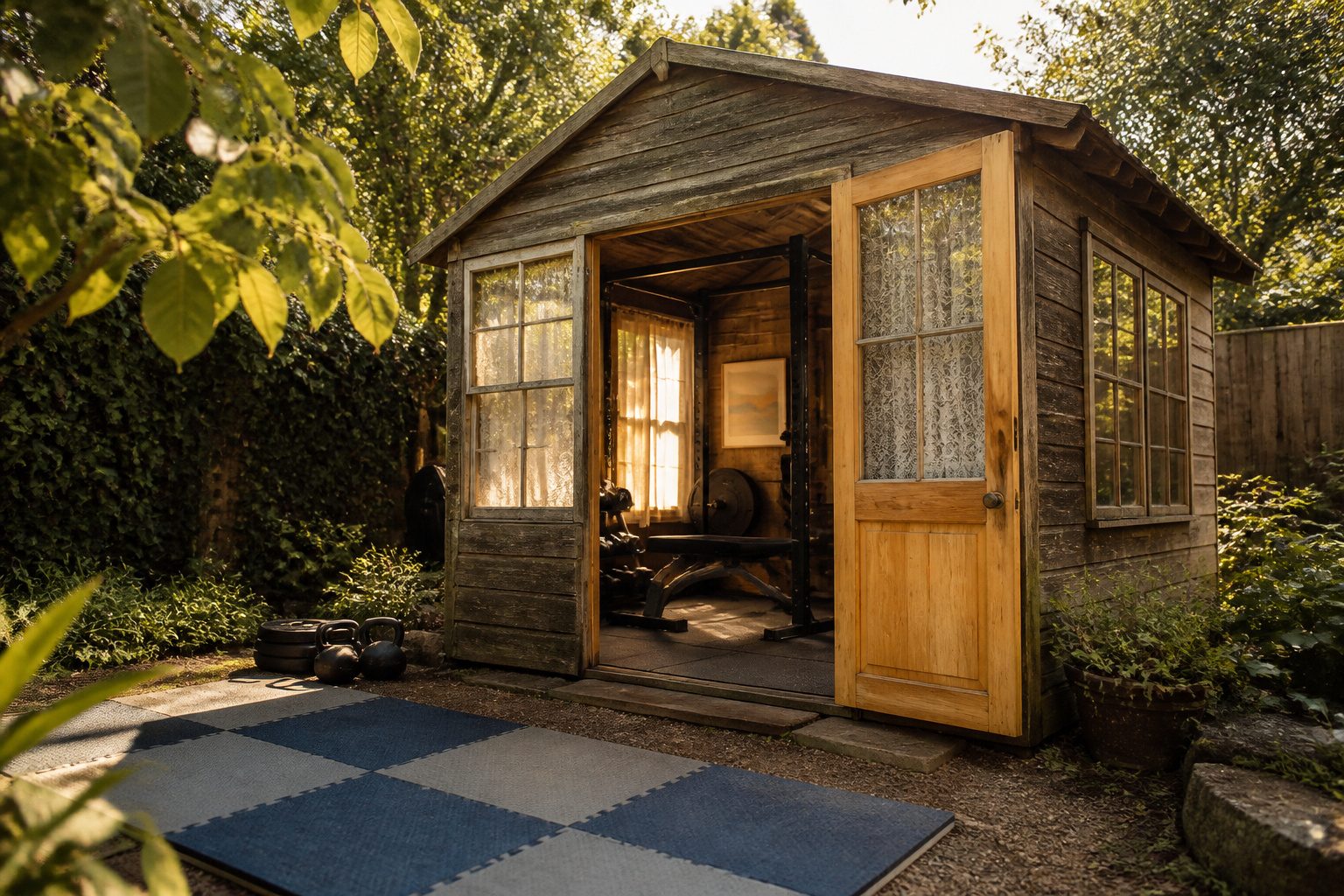 A well-organized DIY workout shed with gym equipment.