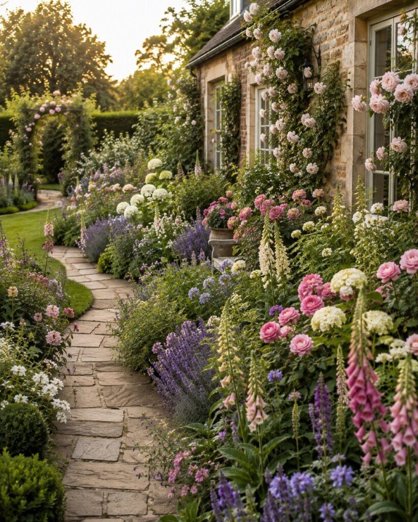 A stone path winds through a lush garden filled with colorful roses, hydrangeas, and foxgloves.