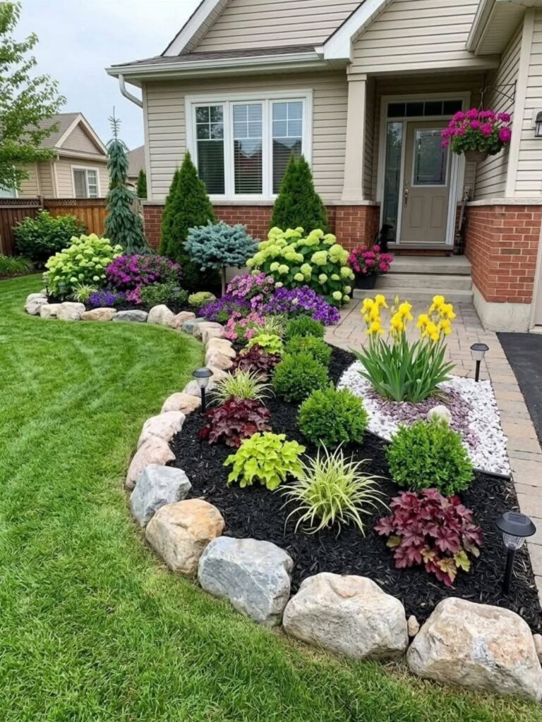 A landscaped garden bed with colorful plants and large stones bordering a green lawn.