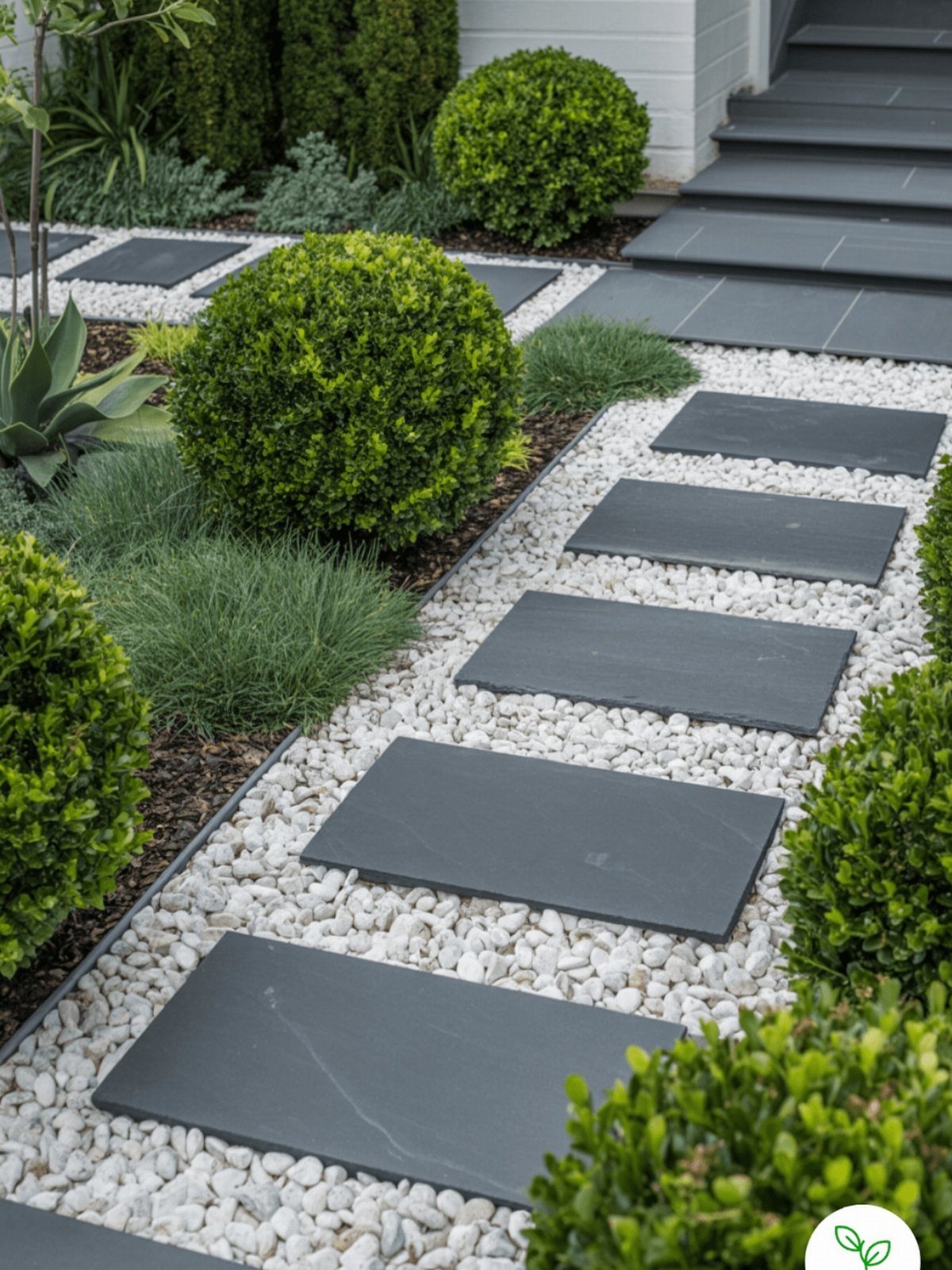 Dark grey rectangular stepping stones set in white gravel surrounded by green garden shrubs.