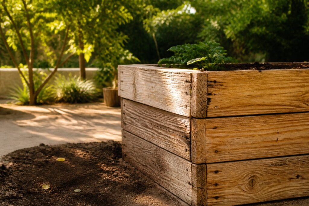 Raised garden bed with various plants and flowers in rich soil.