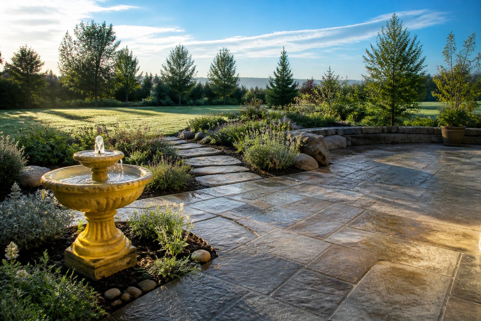 A vibrant garden with various plants and comfortable seating.