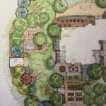Hand-drawn watercolor garden landscape design plan featuring trees, paths, and building layouts.