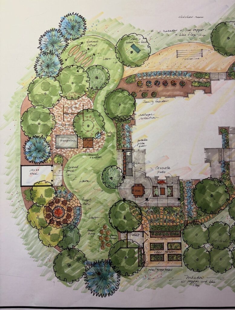 Hand-drawn watercolor garden landscape design plan featuring trees, paths, and building layouts.