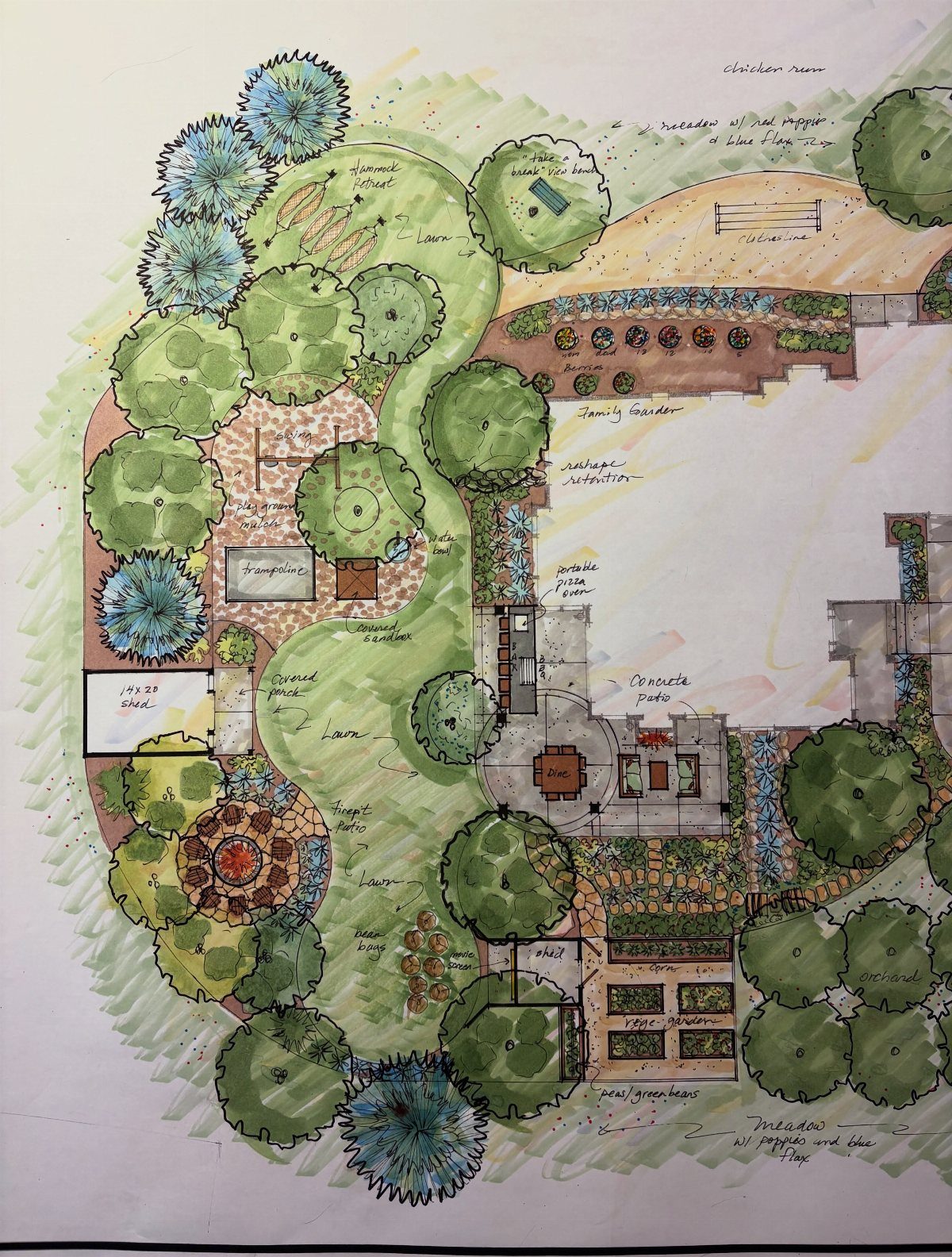 Hand-drawn watercolor garden landscape design plan featuring trees, paths, and building layouts.