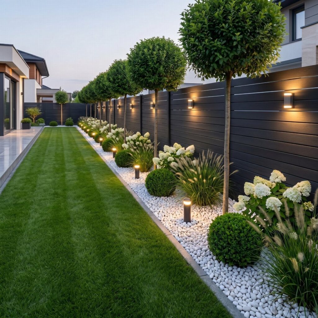 Spherical topiary trees and white hydrangeas planted in white gravel along a black fence and green lawn.