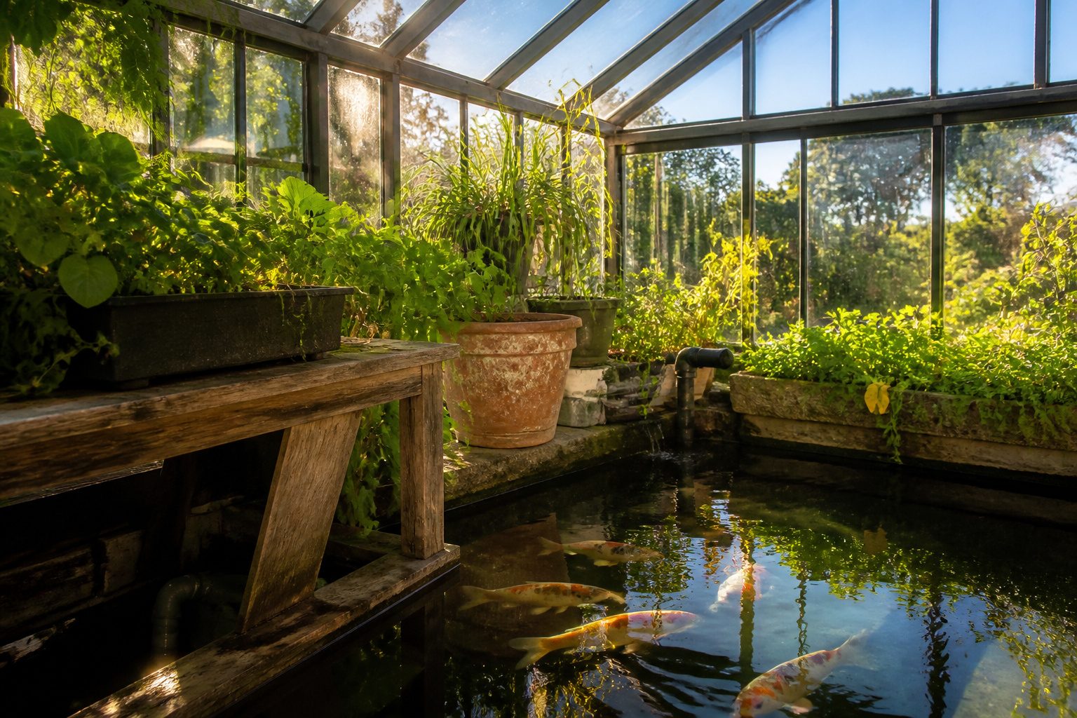 A greenhouse featuring a fish pond surrounded by various plants.