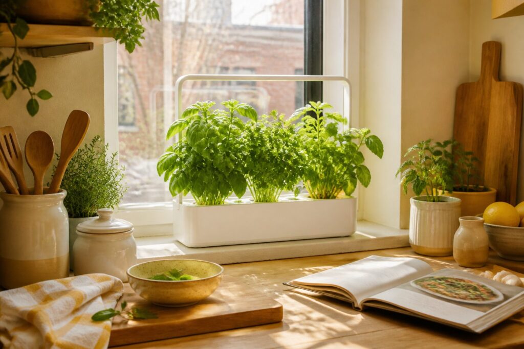 Cozy urban kitchen corner with sunlight and hydroponic herbs setup