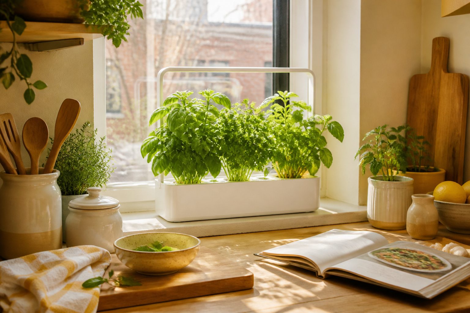 Cozy urban kitchen corner with sunlight and hydroponic herbs setup