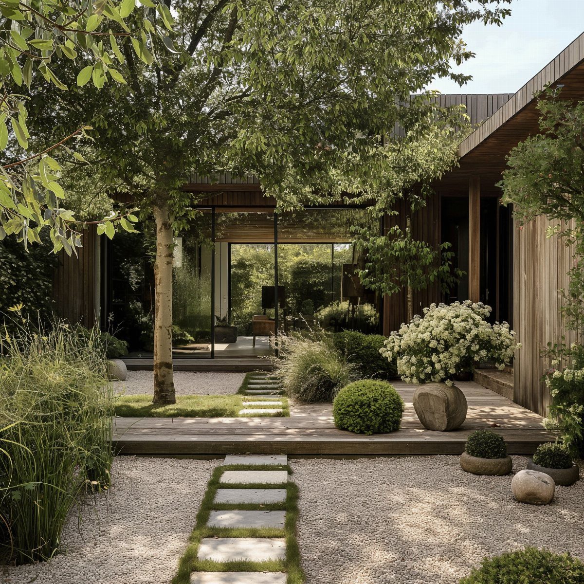 A modern landscape design featuring gravel paths, wooden decking, and lush greenery surrounding a contemporary house.
