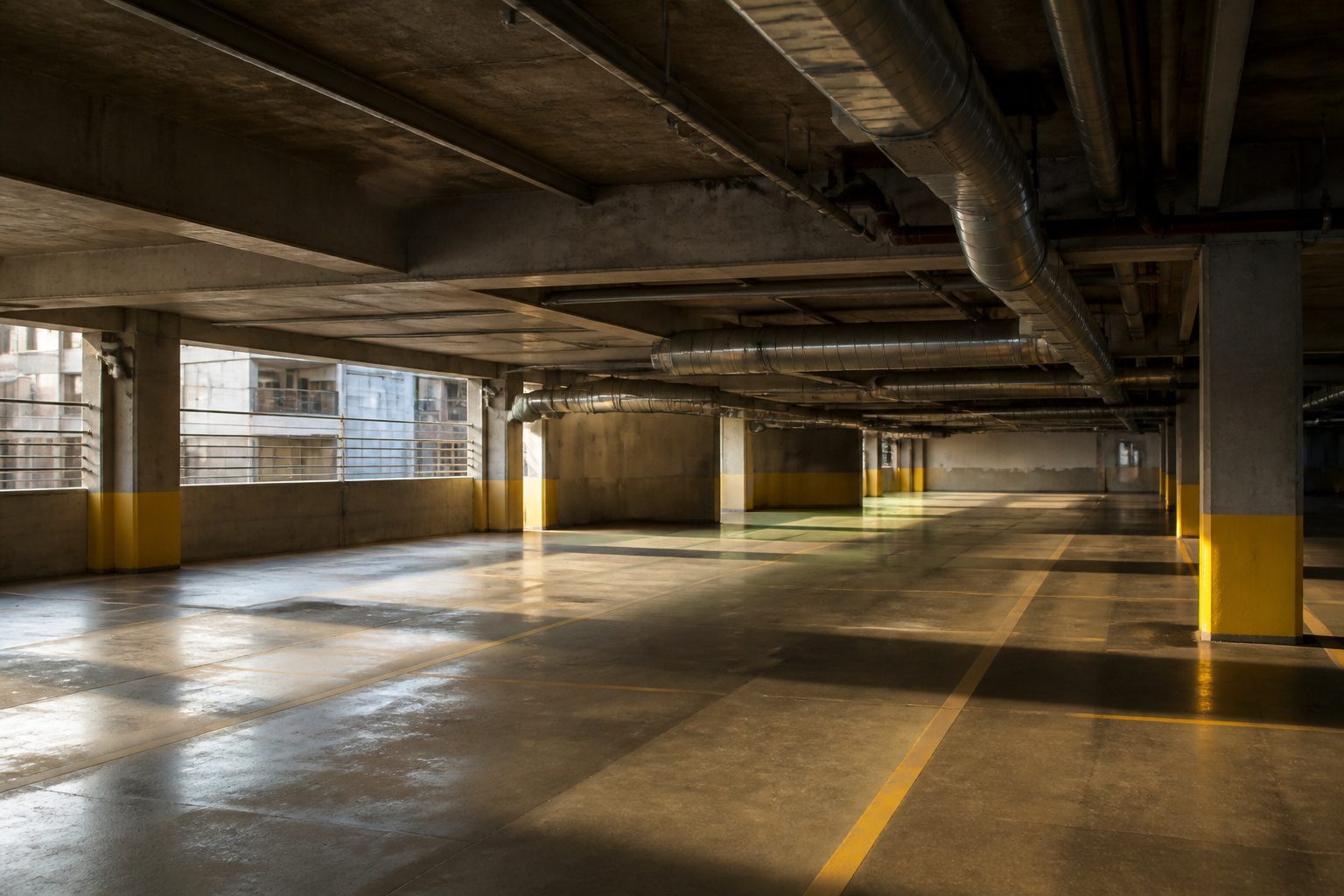 A tall vehicle and a parking garage clearance height sign.