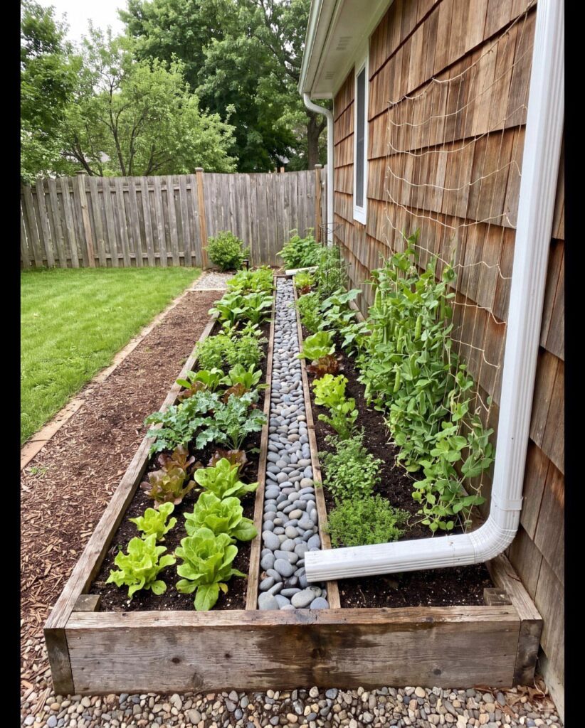A long wooden raised garden bed filled with green leafy vegetables and a central stone path.