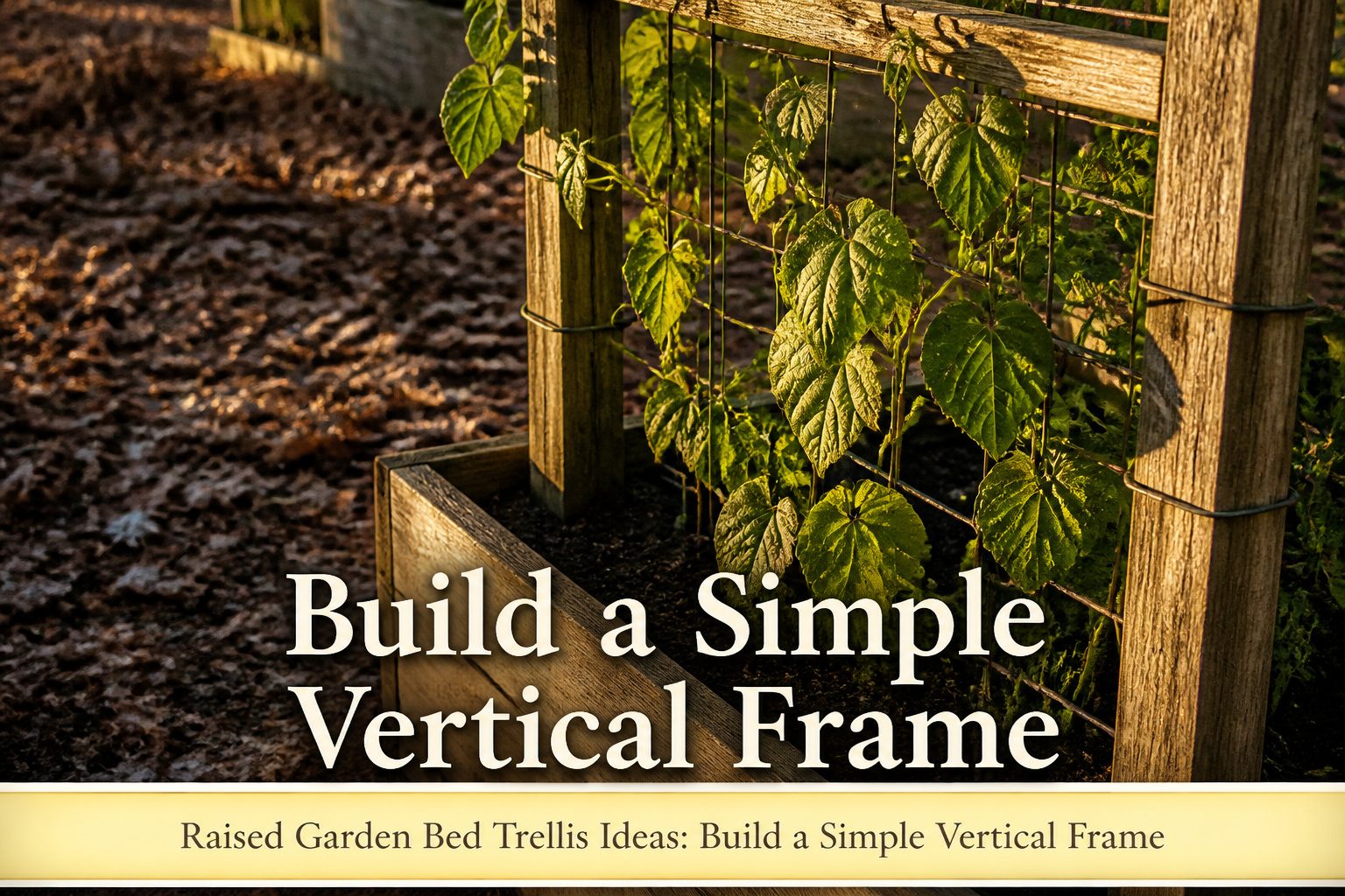 A trellis in a raised garden bed with climbing plants and vegetables.