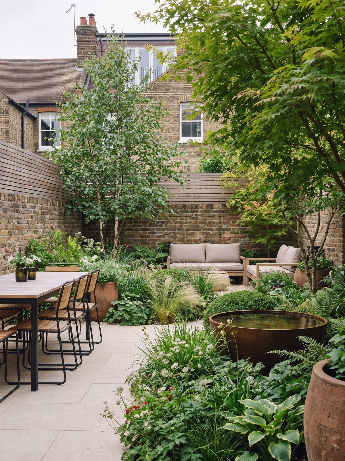 A lushly planted small urban courtyard garden with a patio, dining set, and lounge seating.