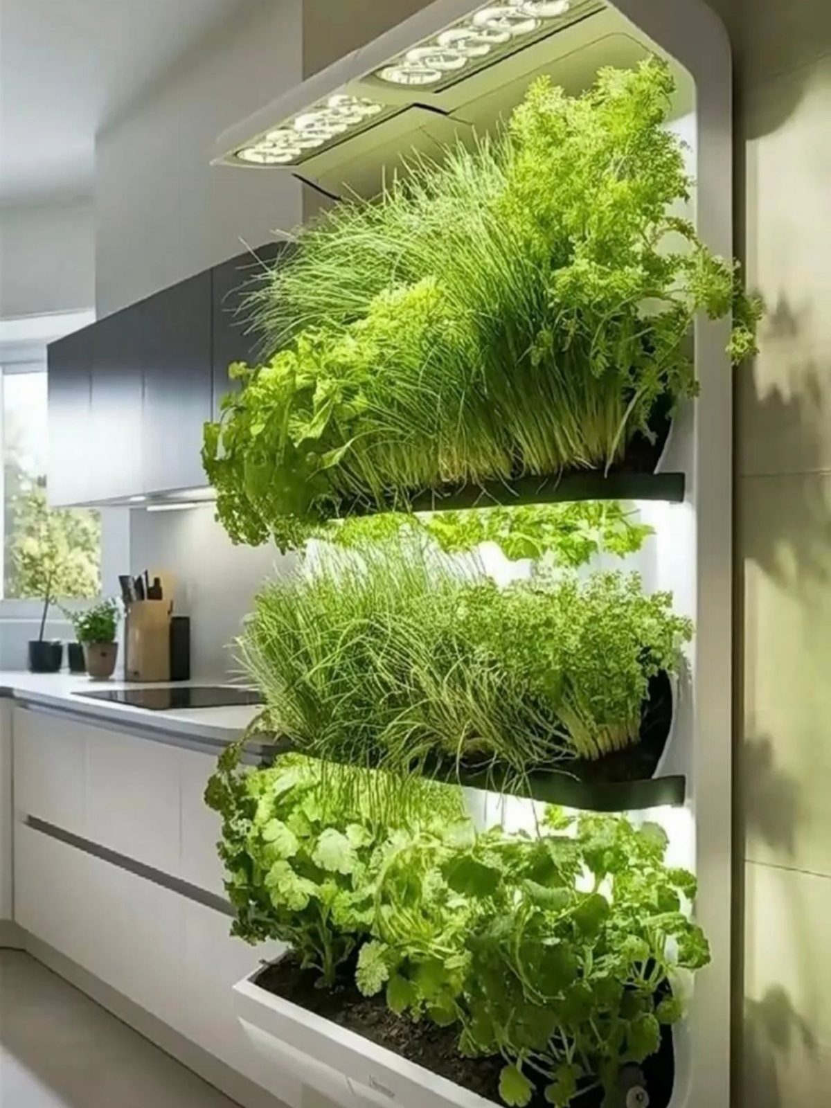Vertical indoor herb garden with lush green plants growing under bright LED lights in a modern kitchen.